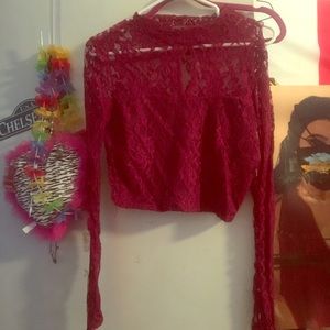 Burgundy Long Sleeve Lace Crop-Top